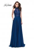 Picture of: Long A Line Chiffon Dress with Lace Up Neckline in Navy, Style: 25347, Detail Picture 3