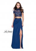 Picture of: Chiffon Two Piece Gown with Lace Top and Belt Detail in Navy, Style: 25384, Detail Picture 3