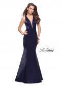 Picture of: Long Form Fitting Mermaid Prom Dress with Deep V in Navy, Style: 25494, Detail Picture 3