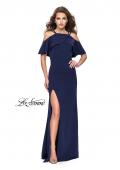 Picture of: Long Jersey Prom Dress with Off the Shoulder Ruffle Detail in Navy, Style: 25556, Detail Picture 3