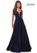 Picture of: Two Tone Satin Long Gown with Plunging Neckline in Navy, Style: 27049, Detail Picture 3