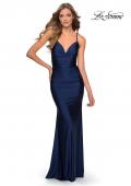 Picture of: Form Fitting Jersey Dress with Ruching and Strappy Back in Navy, Style: 27501, Detail Picture 3