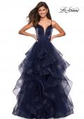 Picture of: Cascading Tulle Gown with Satin Top and V Back in Navy, Style: 27502, Detail Picture 3