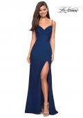Picture of: Classic Long Jersey Gown with Side Ruching and Slit in Navy, Style: 27626, Detail Picture 3