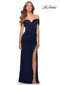 Picture of: Off the Shoulder Fully Ruched Floor Length Gown in Navy, Style: 28389, Detail Picture 3