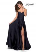Picture of: Strapless Satin Gown with Pleated Bodice and Slit in Navy, Style: 28608, Detail Picture 3