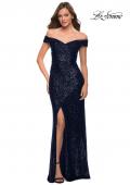 Picture of: Off the Shoulder Ruched Sequin Dress with Slit in Navy, Style 29831, Detail Picture 3