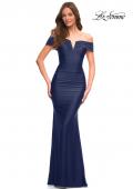 Picture of: Ruched Off the Shoulder Gown with V Neckline in Navy, Style: 30582, Detail Picture 3