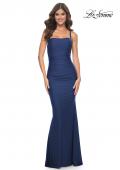 Picture of: Simple Ruched Jersey Dress with Lace Up Back in Navy, Style: 31919, Detail Picture 3