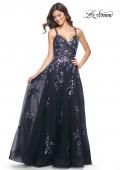 Picture of: A-Line Tulle and Floral Sequin Gown with High Slit in Navy, Style: 31936, Detail Picture 3