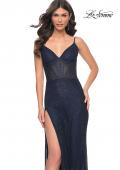 Picture of: Rhinestone Fishnet Dress with Bustier Top and Slit in Blue, Style: 32285, Detail Picture 3