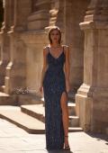 Picture of: Beautifully Beaded Long Evening Dress with V Neckline in Navy , Style 32928, Detail Picture 3