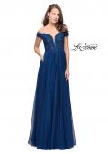 Picture of: Chiffon Prom Dress with Off the Shoulder Lace Top in Navy, Style: 25129, Detail Picture 4