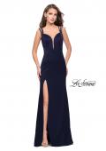 Picture of: Satin Prom Dress with Open Back and Beaded Straps in Navy, Style: 26167, Detail Picture 2
