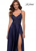 Picture of: Satin and Lace Prom Dress with Sheer Bodice in Navy, Style 29760, Detail Picture 4