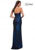 Picture of: Strapless Sweetheart Metallic Jersey Gown with Slit in Navy, Detail Picture 4