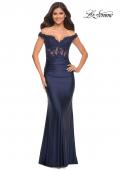 Picture of: Illusion Lace Top with Jersey Long Gown in Navy, Detail Picture 4