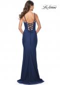 Picture of: Simple Ruched Jersey Dress with Lace Up Back in Navy, Style: 31919, Detail Picture 4