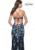Picture of: Floral Embroidered and Sequin Print Gown with Lace Up Back in Navy, Style: 31992, Detail Picture 4