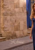 Picture of: Fitted Satin Gown with Exposed Boning and Lace Detail Neckline in Navy , Style 32955, Detail Picture 4, Landscape