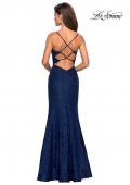 Picture of: Stretch Lace Gown with Square Neckline and Open Back in Navy, Style: 27565, Detail Picture 5
