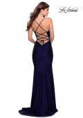Picture of: Form Fitting Jersey Prom Dress with Draped Neckline in Navy, Style: 28518, Detail Picture 5