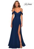 Picture of: Off the Shoulder Chiffon Dress with Scoop Back in Navy, Style: 28942, Detail Picture 5