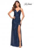 Picture of: Long Sequin Gown in Jewel Tones with V Neckline in Navy, Style: 30374, Detail Picture 5