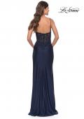 Picture of: Lace Applique Sheer Back Rhinestone Jersey Dress in Navy, Style: 31361, Detail Picture 5