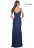 Picture of: Simple Jersey Gown with Deep V Neckline and Ruching in Navy, Style: 32115, Detail Picture 5