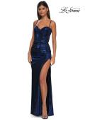 Picture of: Metallic Jersey Fitted Dress with Corset Top and Sheer Back in Navy, Style: 32526, Detail Picture 5