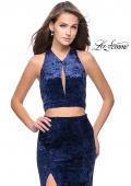 Picture of: Long Velvet Prom Dress with Crop Top and Leg Slit in Navy, Style: 25500, Detail Picture 6