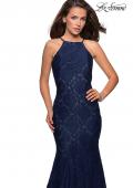 Picture of: Long Lace Prom Dress with High Neckline in Navy, Style: 27289, Detail Picture 6