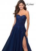 Picture of: Strapless Tulle Dress with Cascading Floral Detail in Navy, Style: 28599, Detail Picture 6