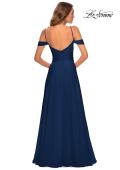 Picture of: Off the Shoulder Chiffon Dress with Scoop Back in Navy, Style: 28942, Detail Picture 6