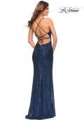 Picture of: Long Sequin Gown in Jewel Tones with V Neckline in Navy, Style: 30374, Detail Picture 6