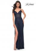 Picture of: Rhinestone Fishnet Dress with Bustier Top and Slit in Blue, Style: 32285, Detail Picture 6