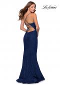 Picture of: Lace Prom Gown With Sheer Bodice and Tie Up Back in Navy, Style: 28534, Detail Picture 7