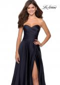 Picture of: Strapless Satin Gown with Pleated Bodice and Slit in Navy, Style: 28608, Detail Picture 7