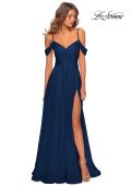 Picture of: Off the Shoulder Chiffon Dress with Scoop Back in Navy, Style: 28942, Detail Picture 7