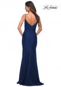 Picture of: Diagonal Ruched Jersey Gown with V Neckline in Navy, Detail Picture 7