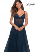Picture of: Tulle A-line Prom Dress with Corset Sheer Bodice in Navy, Detail Picture 7