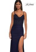Picture of: Illusion Lace Top Prom Dress with Ruched Jersey Skirt in Navy, Style: 32803, Detail Picture 7