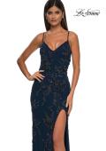 Picture of: Beautiful Beaded Evening Gown with V Neckline and Open Back in Navy, Style: 33054, Detail Picture 7