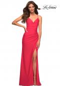 Picture of: Long Hot Coral Dress with Flattering Ruching and Slit in Orange, Style: 30444, Main Picture