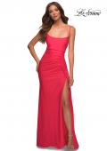 Picture of: Neon Jersey Luxe Gown with Draped Slit and Strappy Back in Neon Coral, Detail Picture 1