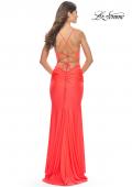 Picture of: Open Lace Up Back Long Gown with Lace Side Detail in Neon Coral, Style: 31365, Detail Picture 3