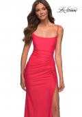 Picture of: Neon Jersey Luxe Gown with Draped Slit and Strappy Back in Neon Coral, Detail Picture 4