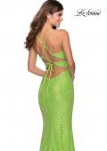 Picture of: Stretch Lace Dress with Lace Up Back and Rhinestones in Neon Green, Style: 28632, Back Picture