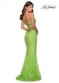 Picture of: Stretch Lace Dress with Lace Up Back and Rhinestones in Neon Green, Style: 28632, Detail Picture 4